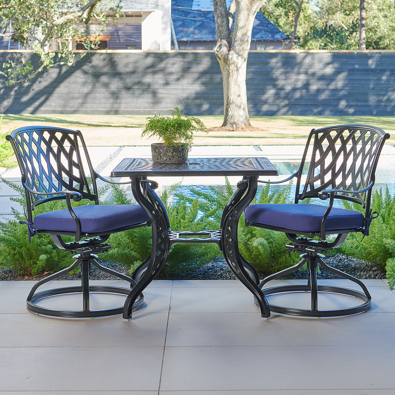Tivoli Matte Black Cast Aluminum with Cushions 3 Piece Swivel Bistro Set + 32 in. Sq. Table (Tempo Navy)