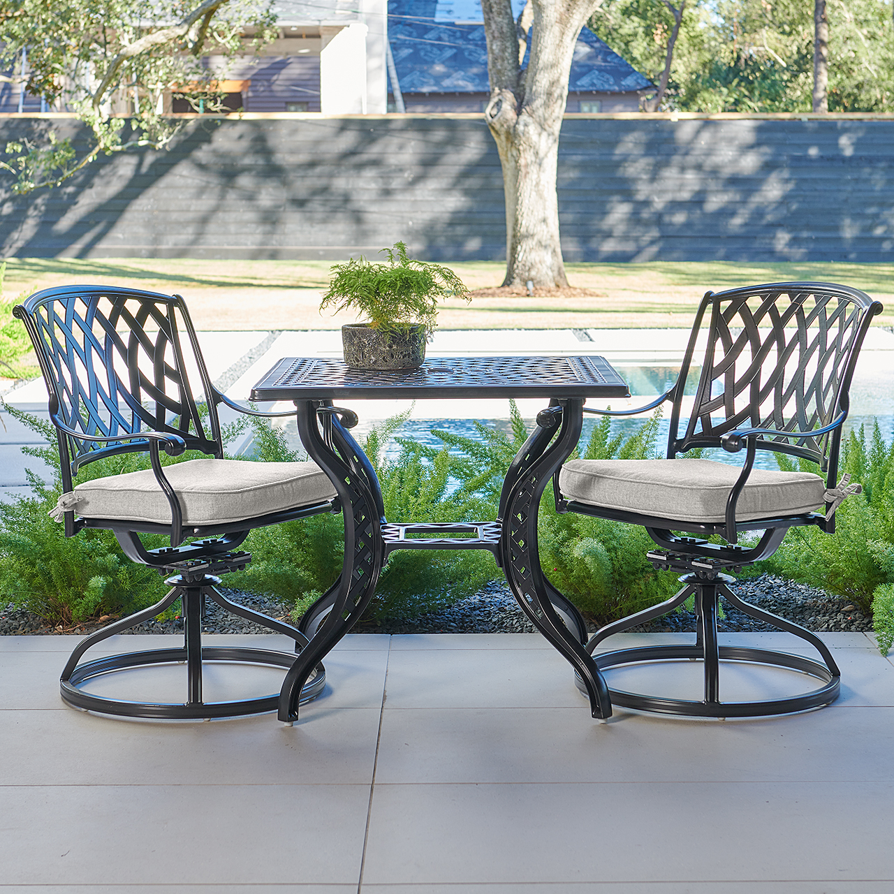 Tivoli Matte Black Cast Aluminum with Cushions 3 Piece Swivel Bistro Set + 32 in. Sq. Table (Canvas Granite)