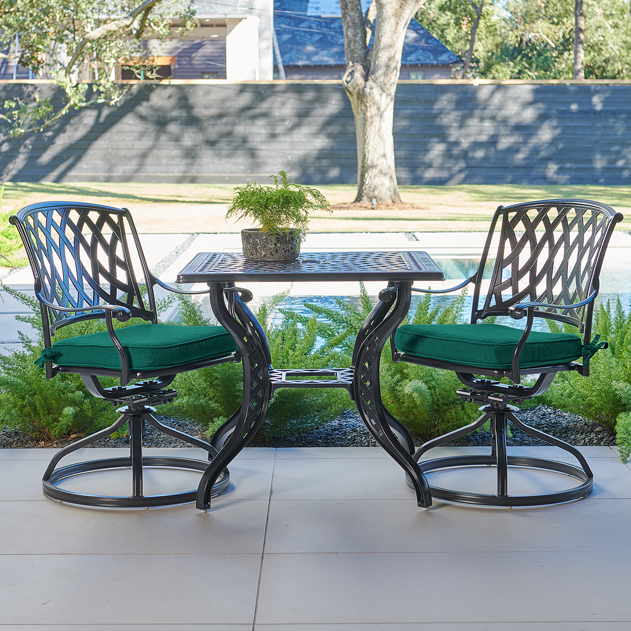 Tivoli Matte Black Cast Aluminum with Cushions 3 Piece Swivel Bistro Set + 32 in. Sq. Table (Canvas Forest Green)