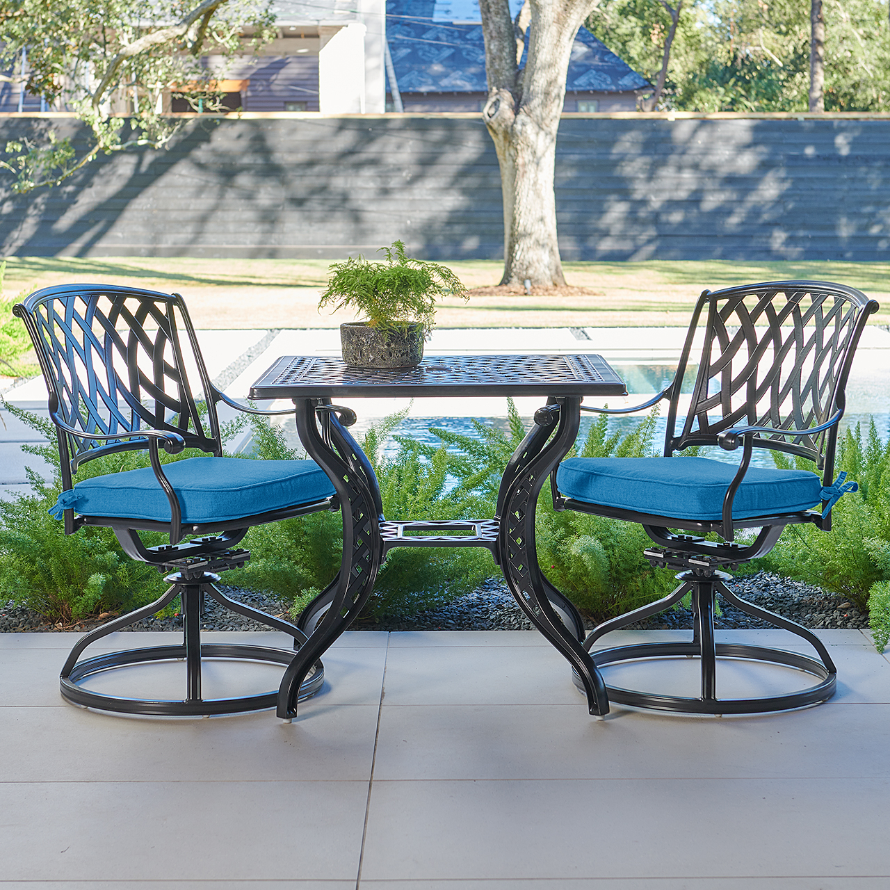 Tivoli Matte Black Cast Aluminum with Cushions 3 Piece Swivel Bistro Set + 32 in. Sq. Table (Canvas Regatta)