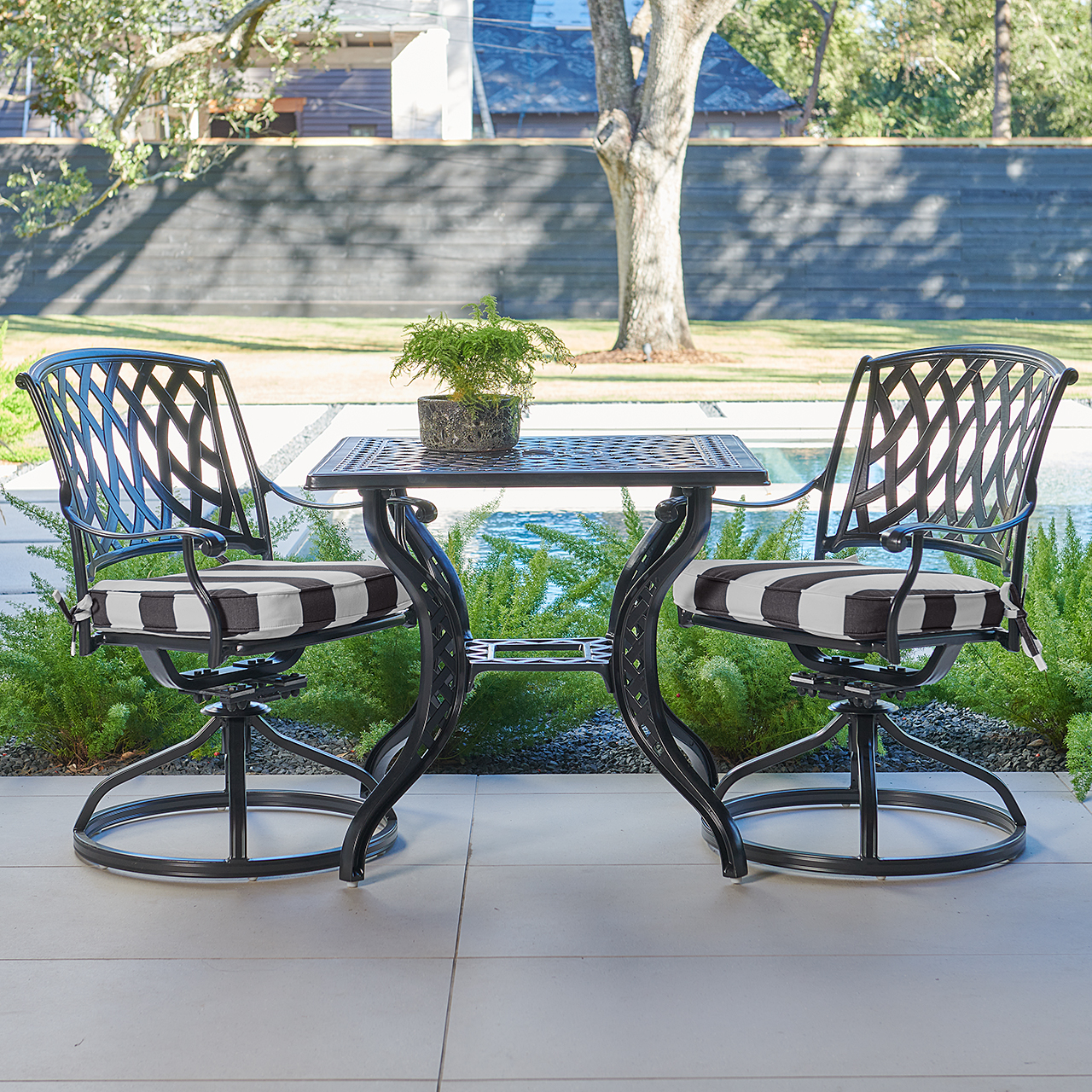Tivoli Matte Black Cast Aluminum with Cushions 3 Piece Swivel Bistro Set + 32 in. Sq. Table (Cabana Classic)