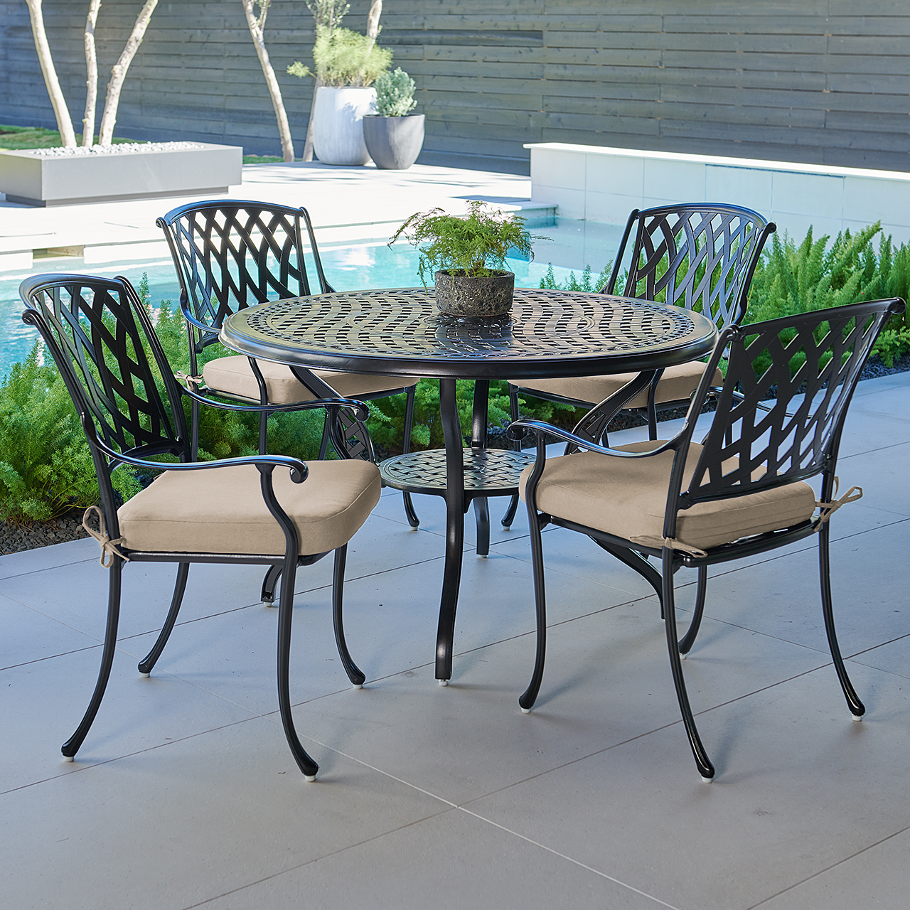 Tivoli Matte Black Cast Aluminum with Cushions 5 Piece Dining Set + 48 in. D Table (Tempo Beige)