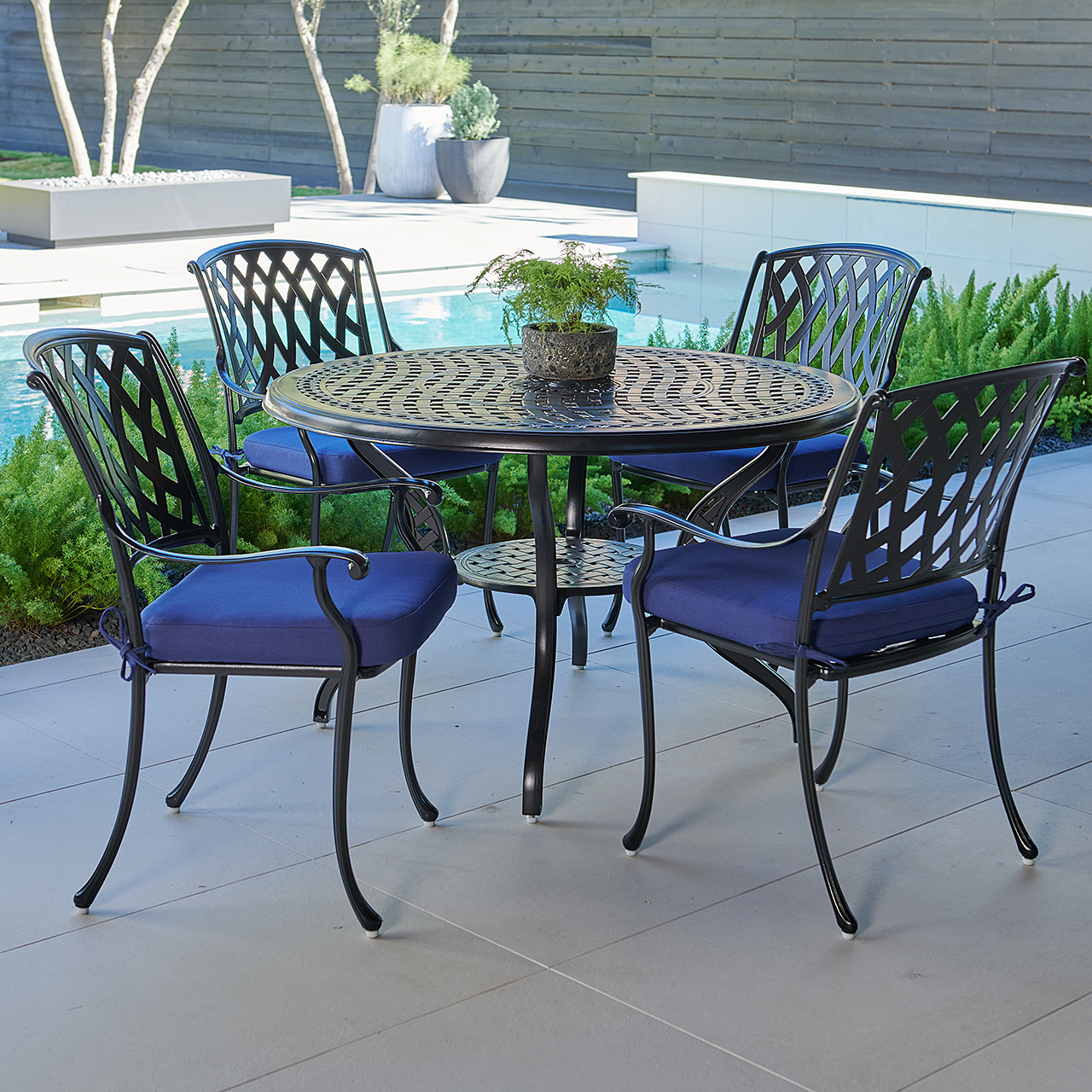 Tivoli Matte Black Cast Aluminum with Cushions 5 Piece Dining Set + 48 in. D Table (Tempo Navy)