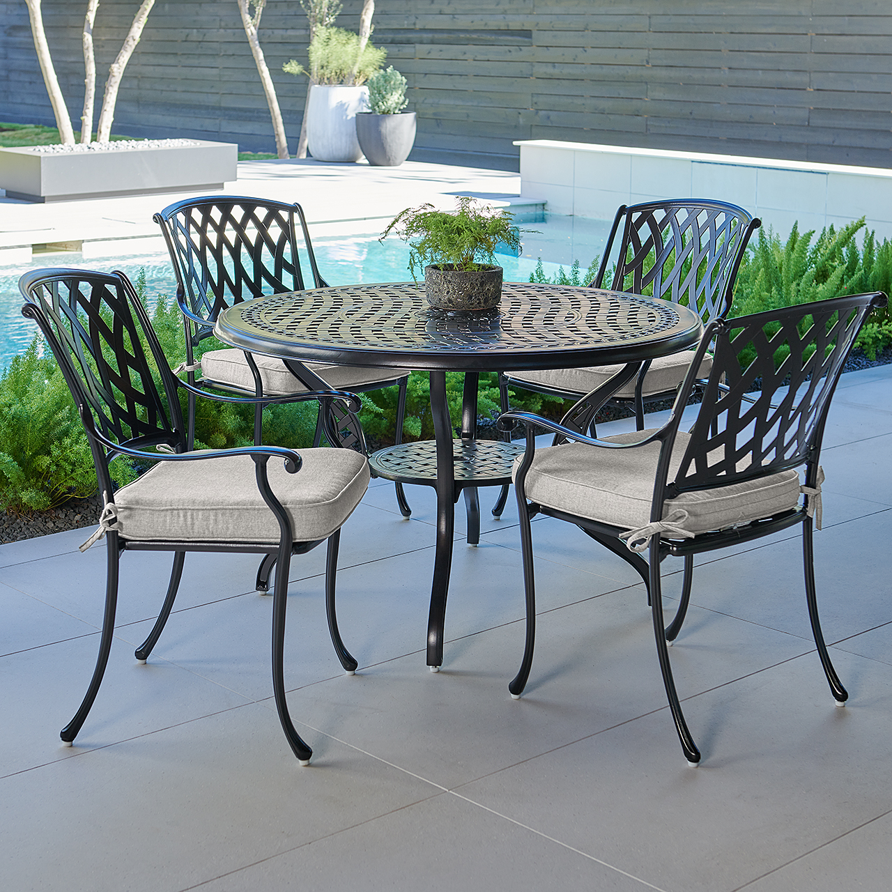 Tivoli Matte Black Cast Aluminum with Cushions 5 Piece Dining Set + 48 in. D Table (Canvas Granite)