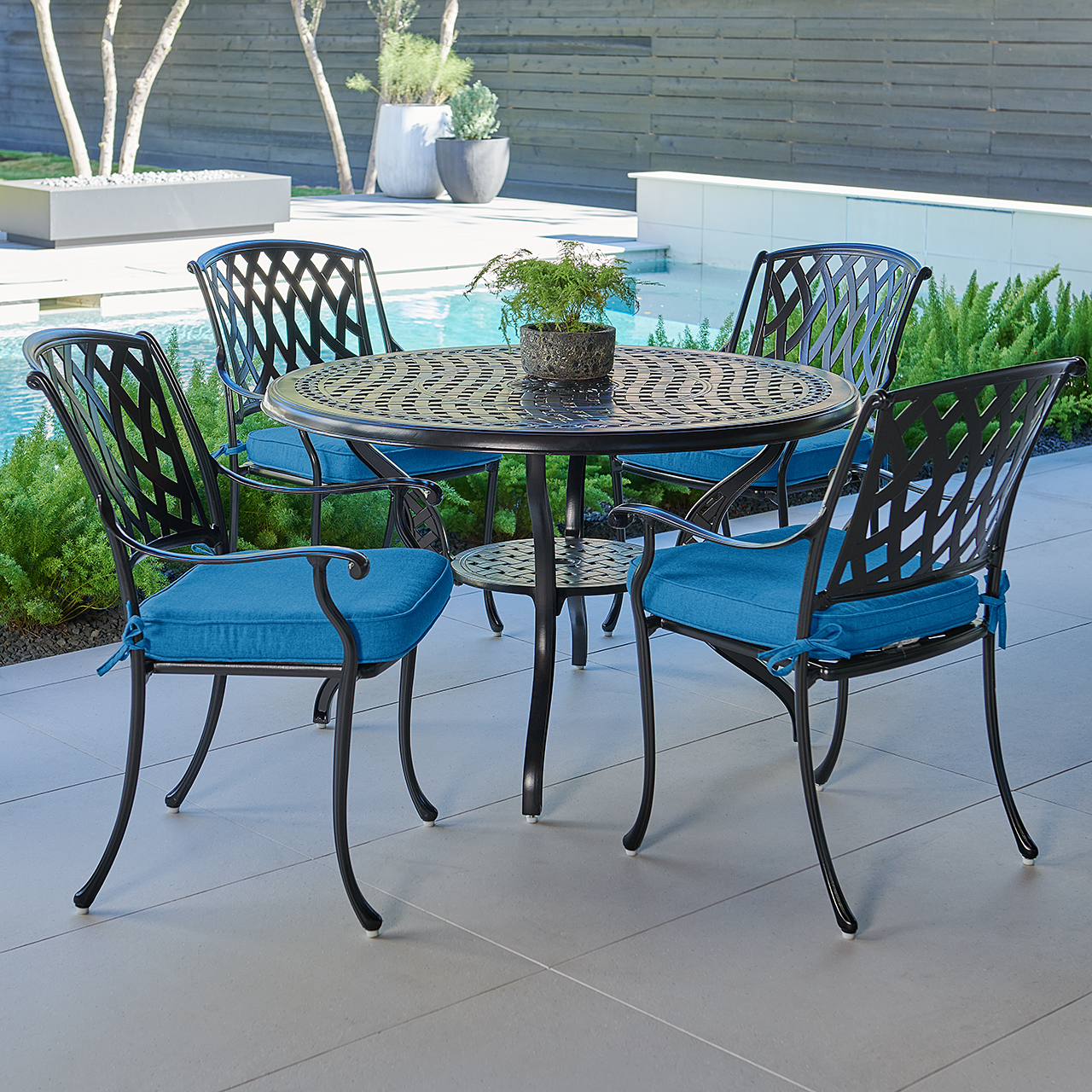 Tivoli Matte Black Cast Aluminum with Cushions 5 Piece Dining Set + 48 in. D Table (Canvas Regatta)