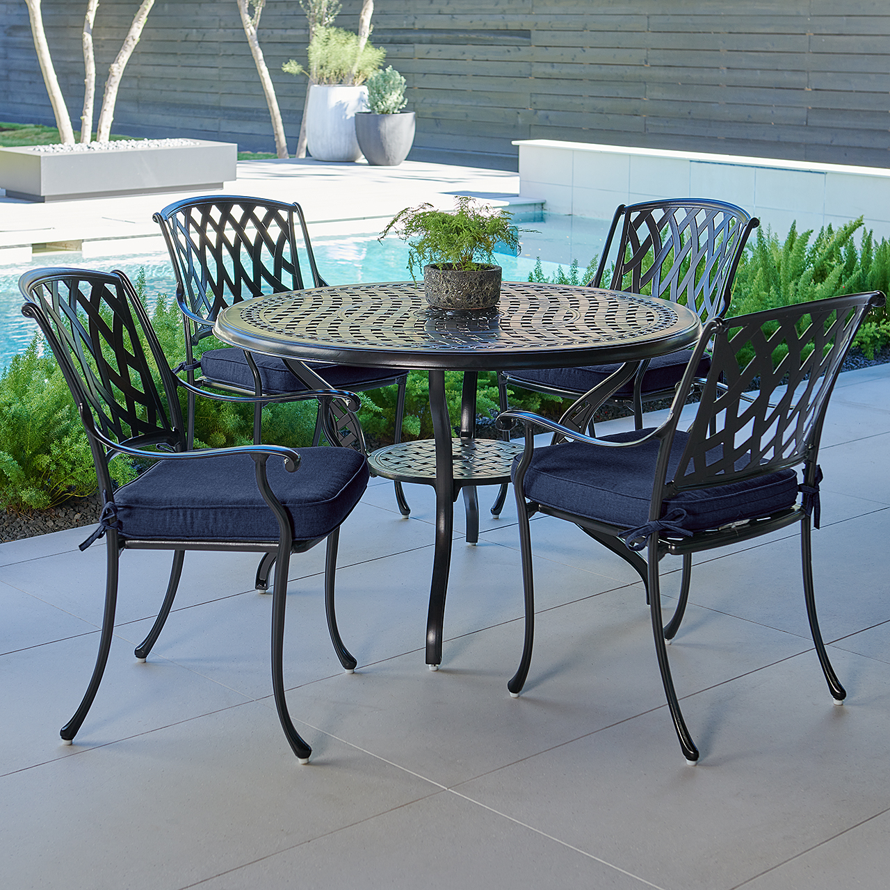 Tivoli Matte Black Cast Aluminum with Cushions 5 Piece Dining Set + 48 in. D Table (Spectrum Indigo)