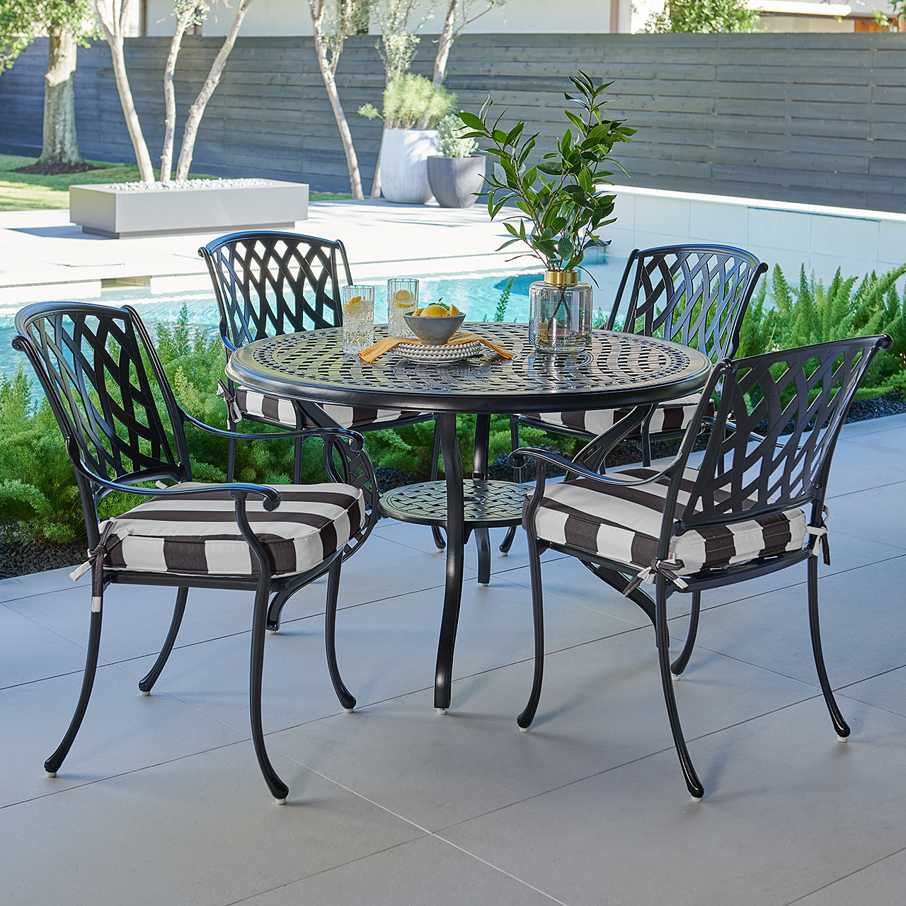 Tivoli Matte Black Cast Aluminum with Cushions 5 Piece Dining Set + 48 in. D Table (Cabana Classic)