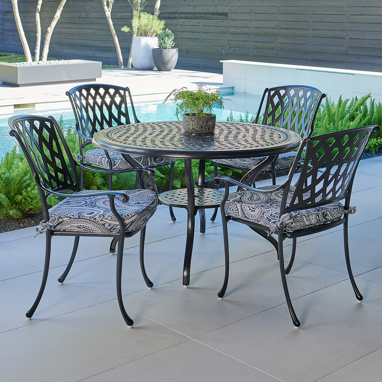 Tivoli Matte Black Cast Aluminum with Cushions 5 Piece Dining Set + 48 in. D Table (Royce Indigo)
