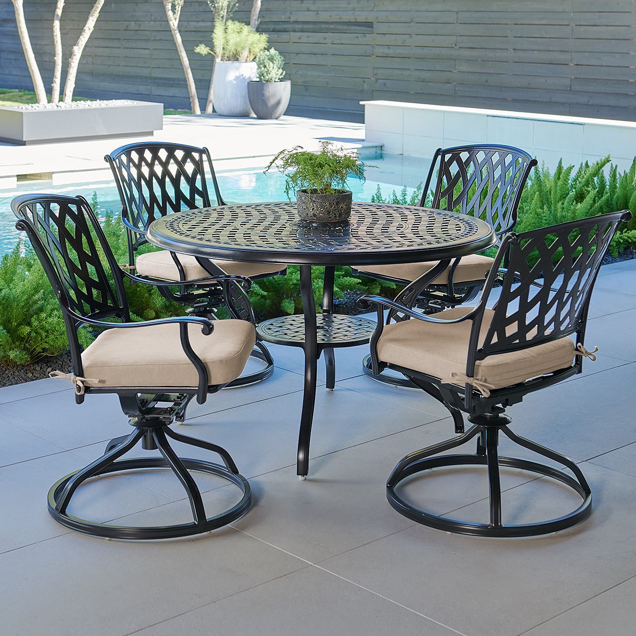 Tivoli Matte Black Cast Aluminum with Cushions 5 Piece Swivel Dining Set + 48 in. D Table (Tempo Beige)