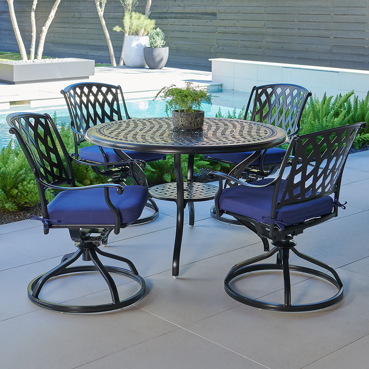 Tivoli Matte Black Cast Aluminum with Cushions 5 Piece Swivel Dining Set + 48 in. D Table (Tempo Navy)