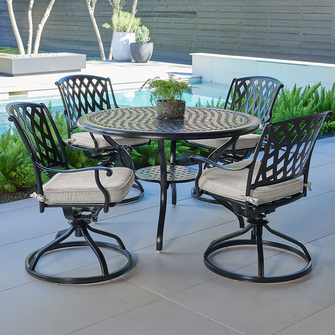 Tivoli Matte Black Cast Aluminum with Cushions 5 Piece Swivel Dining Set + 48 in. D Table (Canvas Granite)