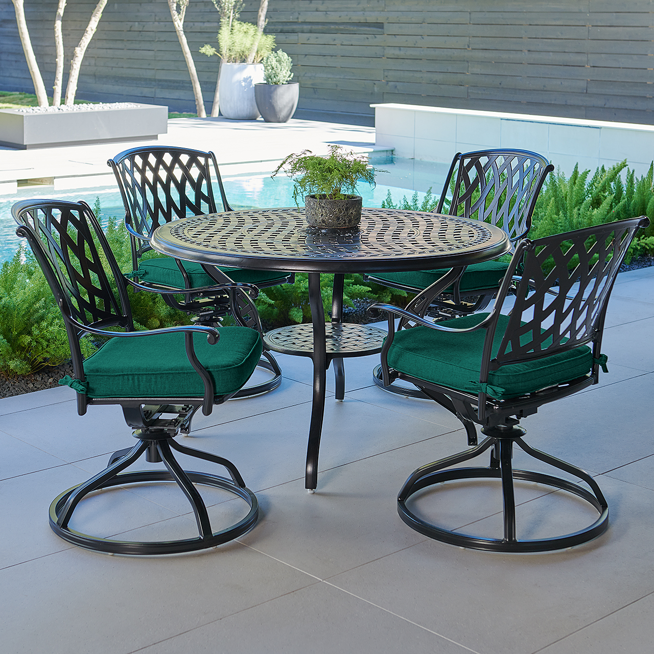 Tivoli Matte Black Cast Aluminum with Cushions 5 Piece Swivel Dining Set + 48 in. D Table (Canvas Forest Green)