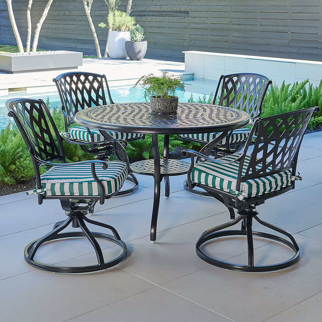 Tivoli Matte Black Cast Aluminum with Cushions 5 Piece Swivel Dining Set + 48 in. D Table (Mason Forest Green)