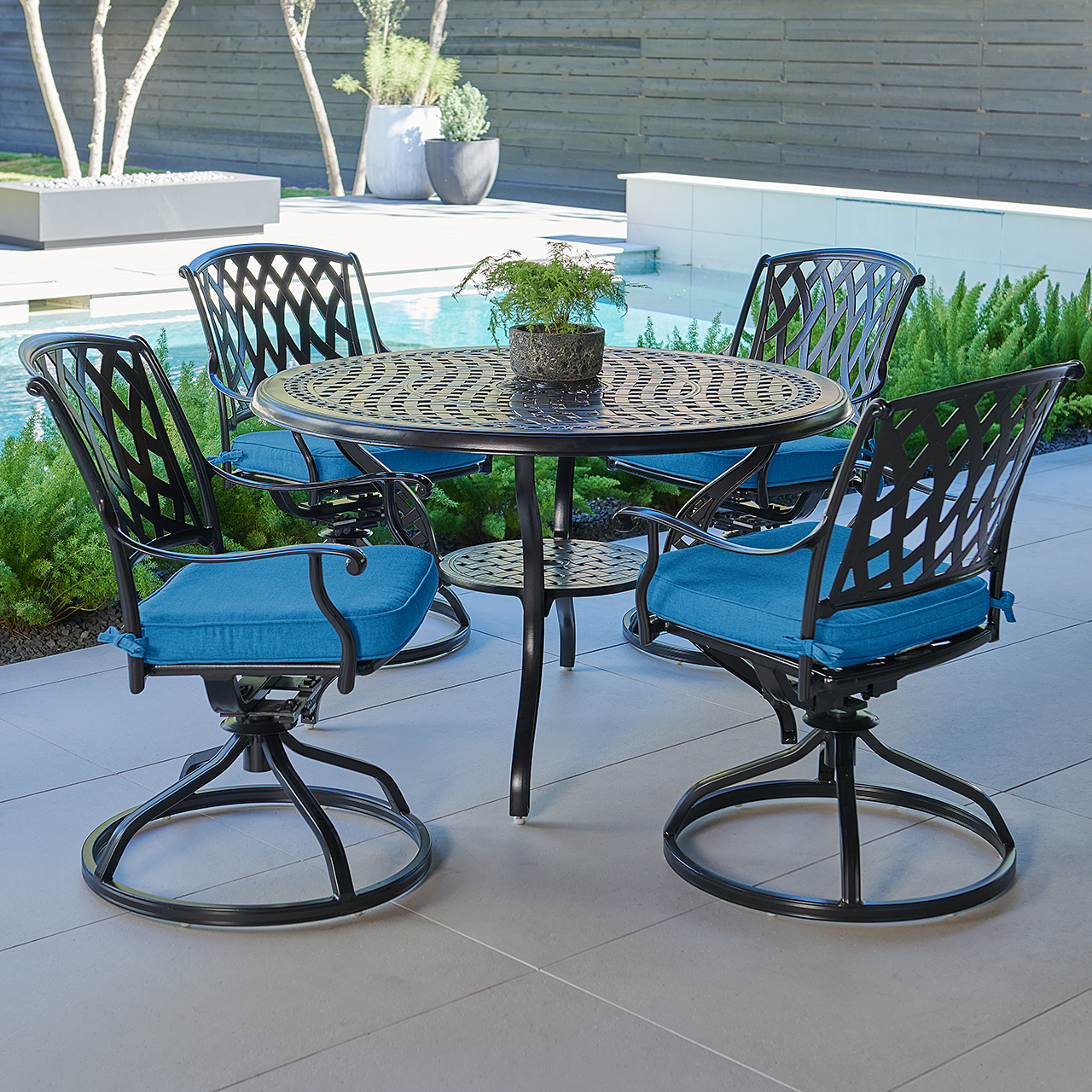 Tivoli Matte Black Cast Aluminum with Cushions 5 Piece Swivel Dining Set + 48 in. D Table (Canvas Regatta)