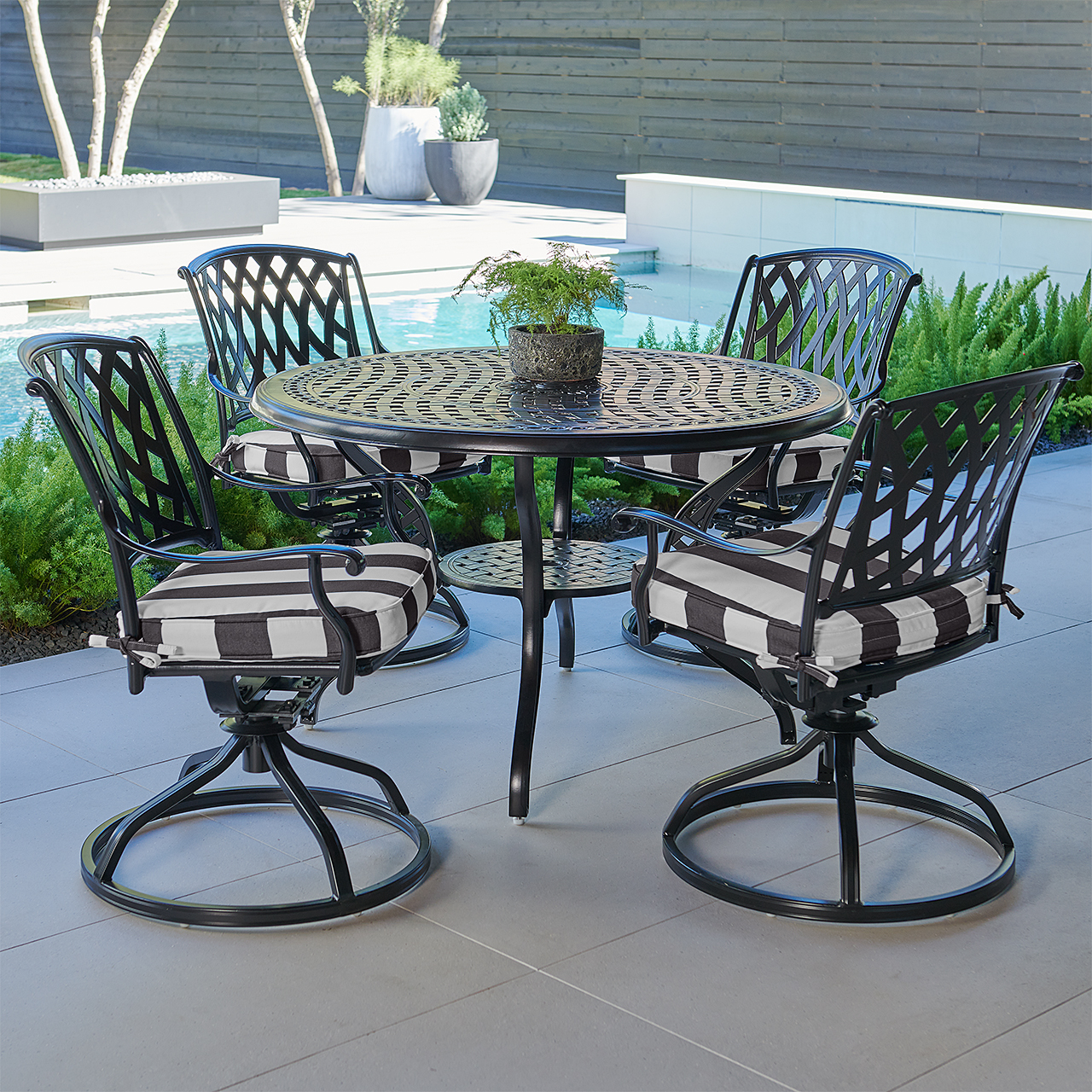 Tivoli Matte Black Cast Aluminum with Cushions 5 Piece Swivel Dining Set + 48 in. D Table (Cabana Classic)