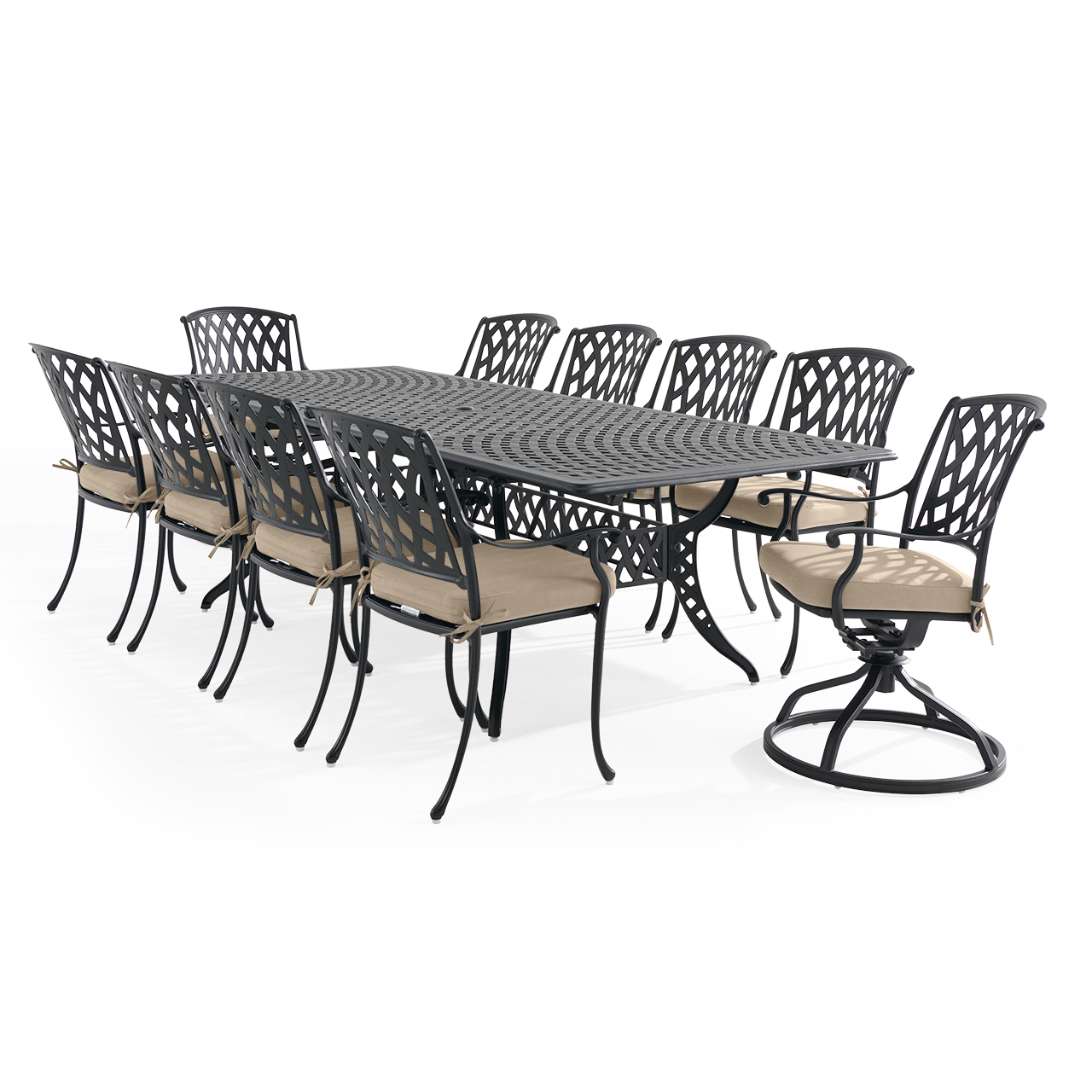 Tivoli Matte Black Cast Aluminum with Cushions 11 Piece Combo Dining Set + 71-103 x 44 in. Extension Table (Tempo Beige)