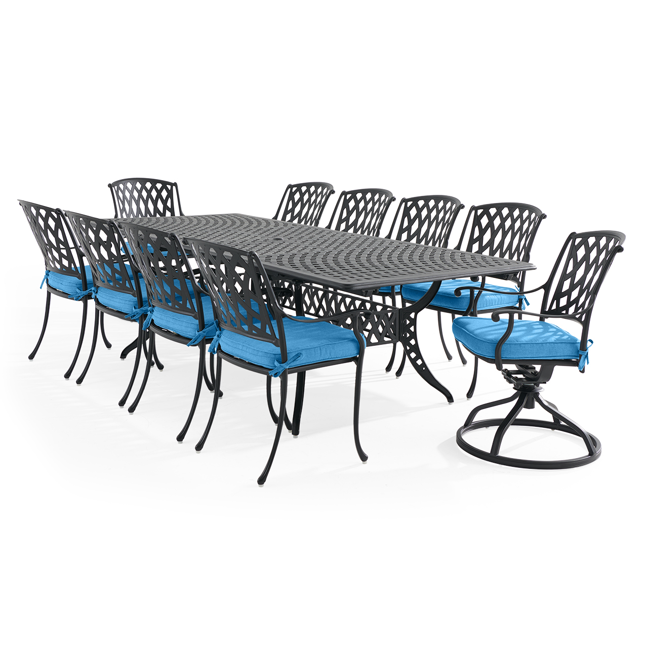 Tivoli Matte Black Cast Aluminum with Cushions 11 Piece Combo Dining Set + 71-103 x 44 in. Extension Table (Canvas Regatta)