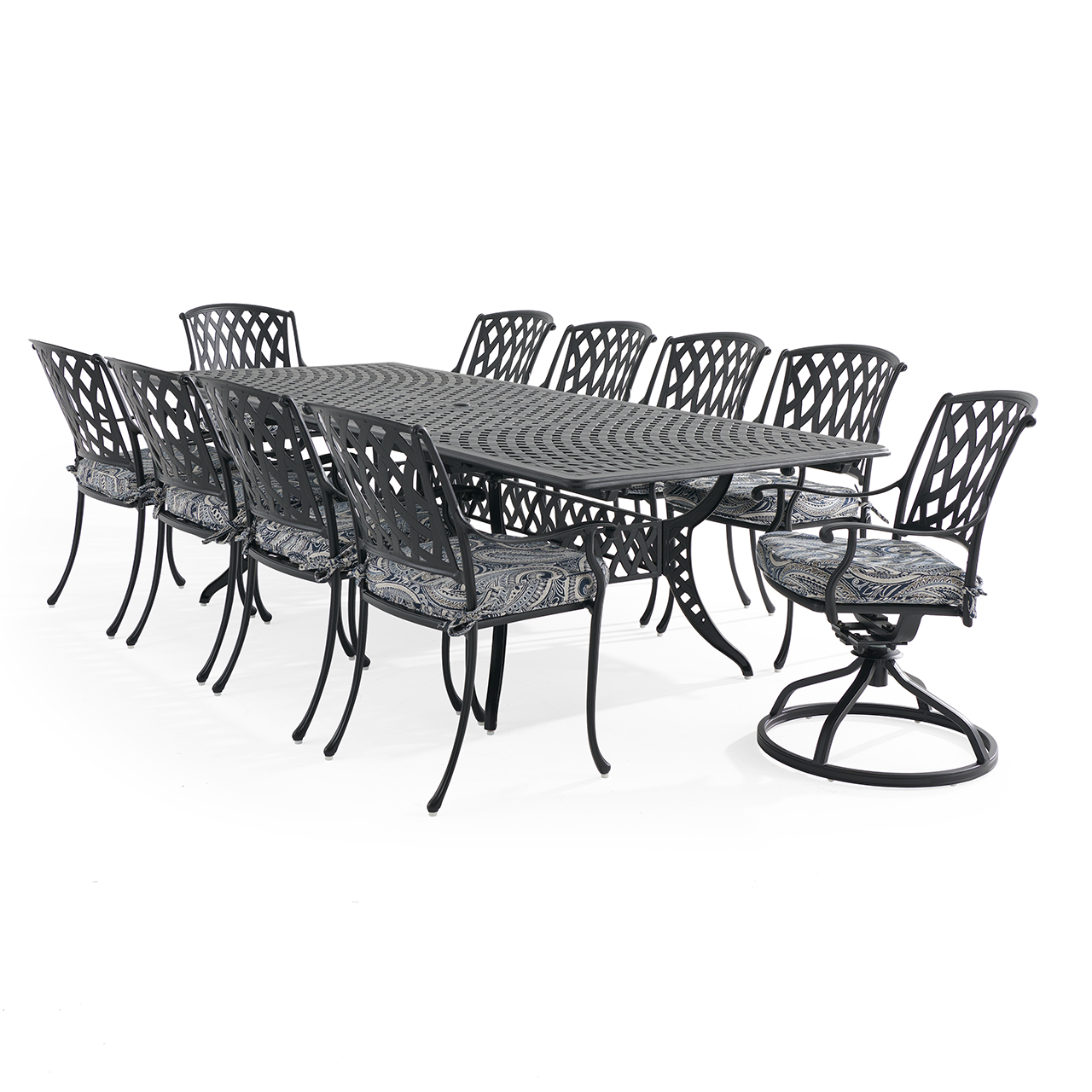 Tivoli Matte Black Cast Aluminum with Cushions 11 Piece Combo Dining Set + 71-103 x 44 in. Extension Table (Royce Indigo)