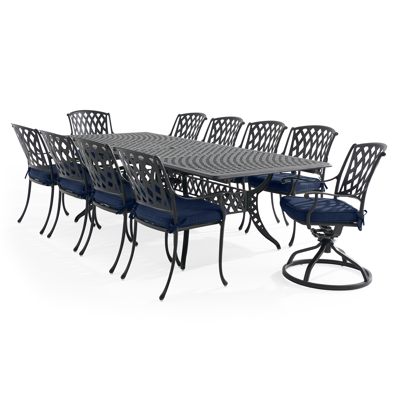 Tivoli Matte Black Cast Aluminum with Cushions 11 Piece Combo Dining Set + 71-103 x 44 in. Extension Table (Spectrum Indigo)