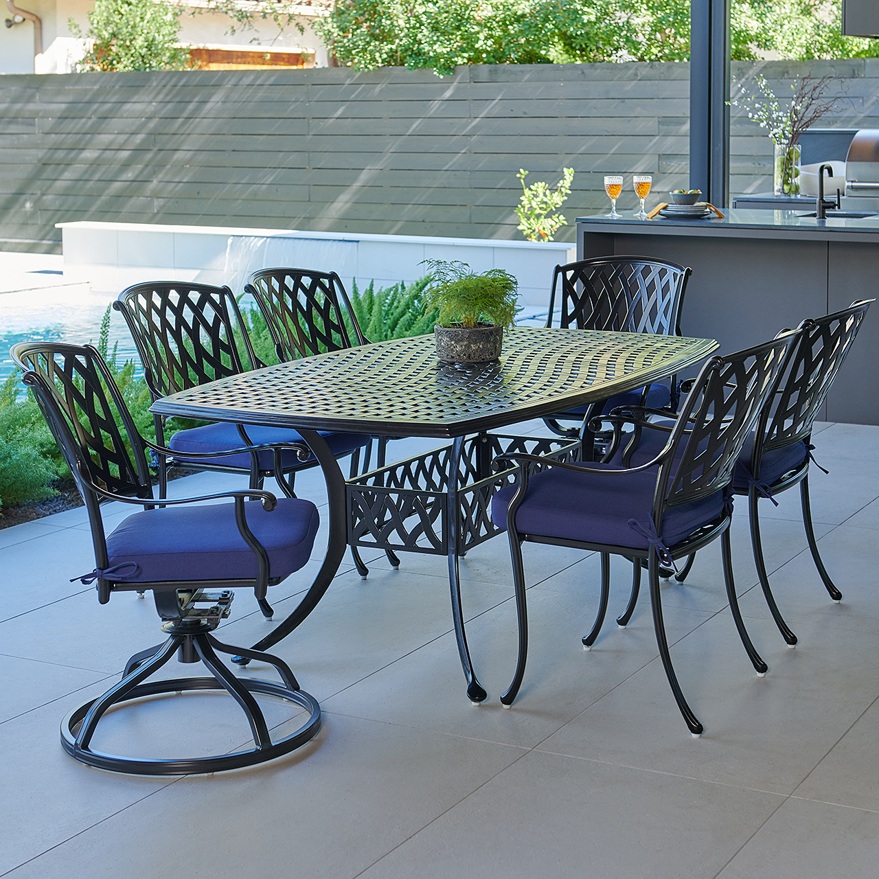 Tivoli Matte Black Cast Aluminum with Cushions 7 Piece Combo Dining Set + 72 x 42 in. Table (Tempo Navy)