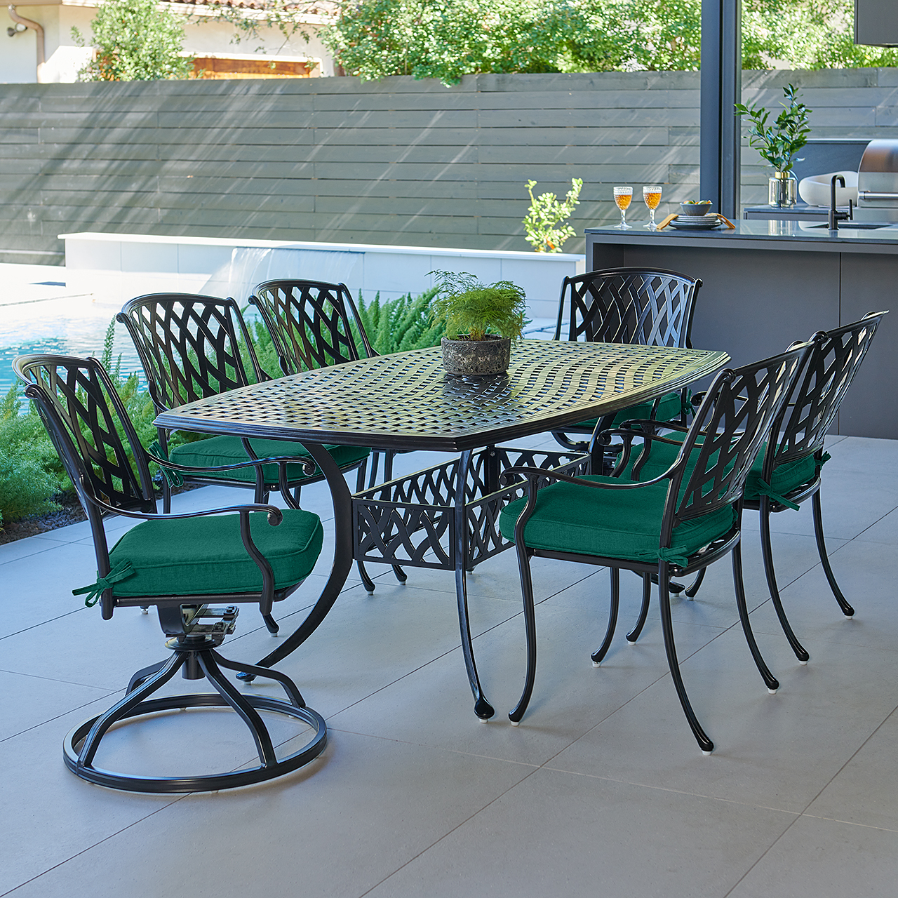 Tivoli Matte Black Cast Aluminum with Cushions 7 Piece Combo Dining Set + 72 x 42 in. Table (Canvas Forest Green)