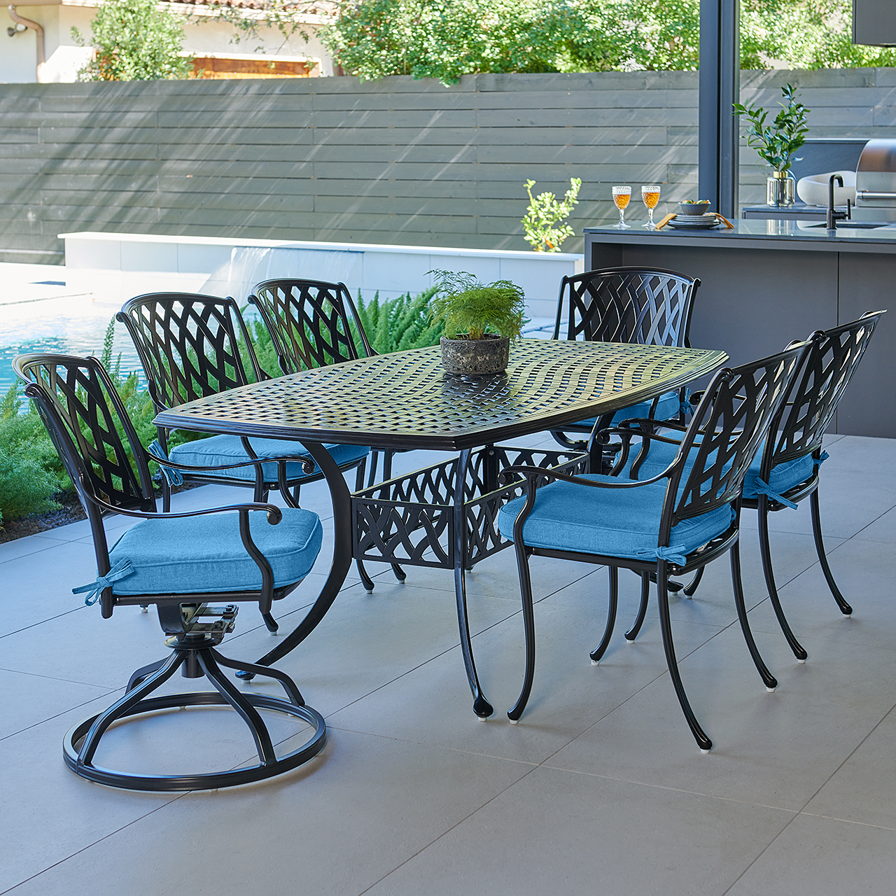 Tivoli Matte Black Cast Aluminum with Cushions 7 Piece Combo Dining Set + 72 x 42 in. Table (Canvas Regatta)