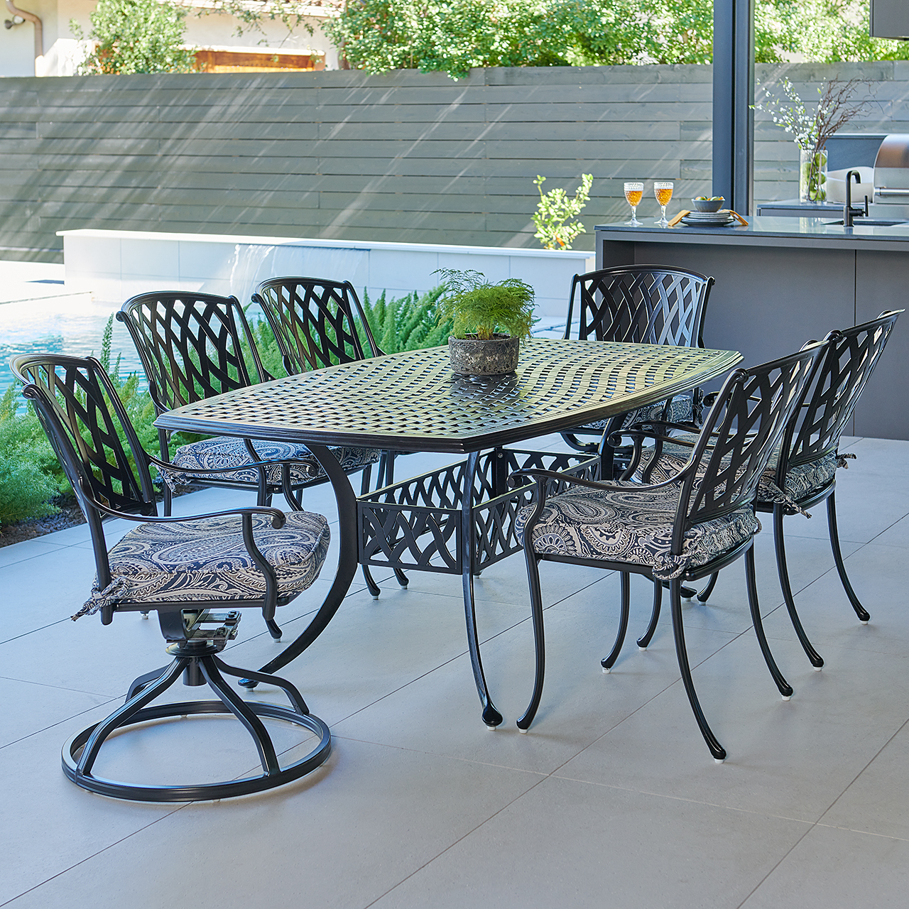 Tivoli Matte Black Cast Aluminum with Cushions 7 Piece Combo Dining Set + 72 x 42 in. Table (Royce Indigo)