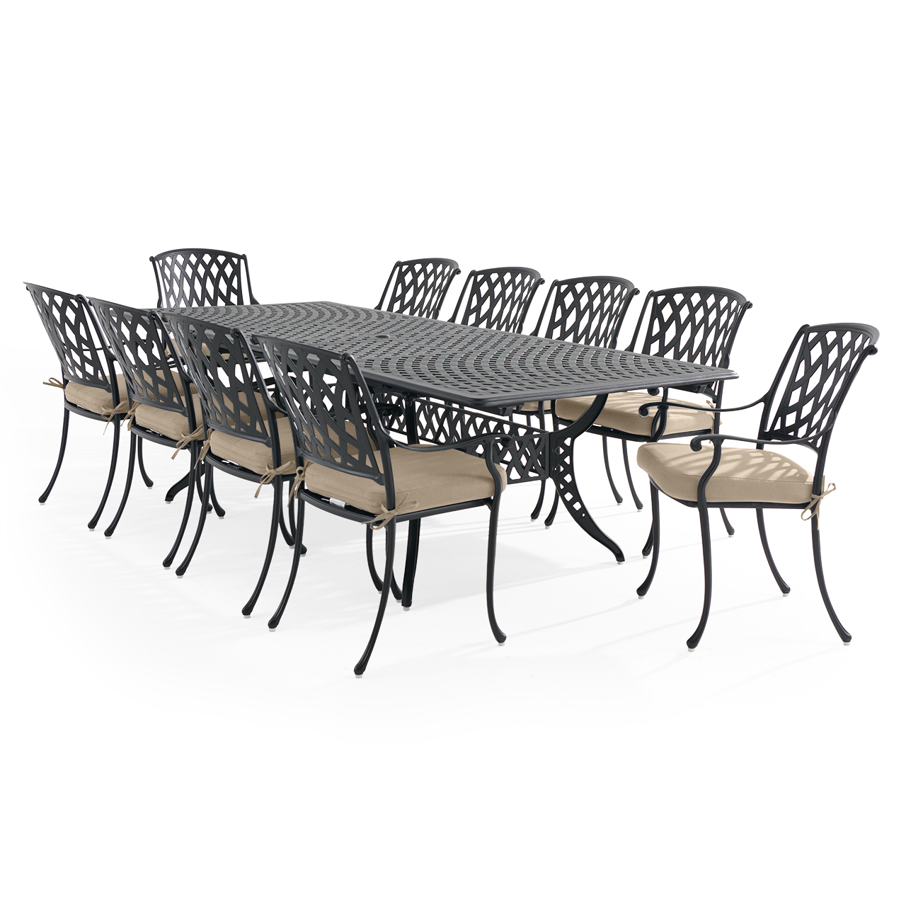 Tivoli Matte Black Cast Aluminum with Cushions 11 Piece Dining Set + 71-103 x 44 in. Extension Table (Tempo Beige)