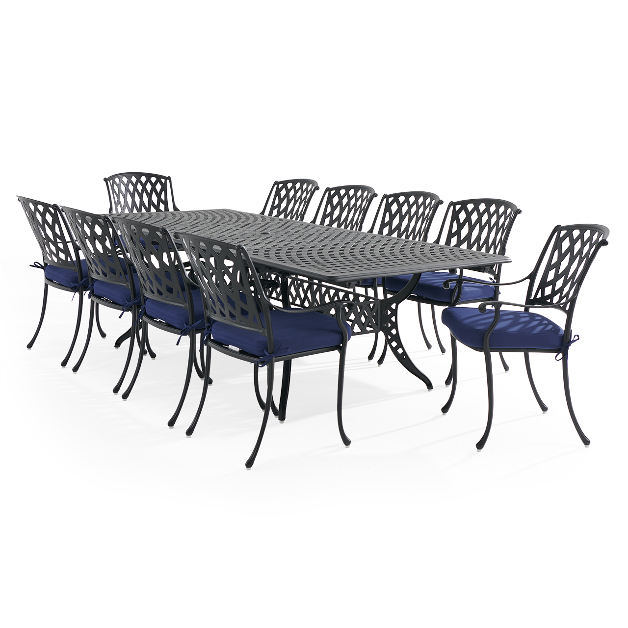 Tivoli Matte Black Cast Aluminum with Cushions 11 Piece Dining Set + 71-103 x 44 in. Extension Table (Tempo Navy)