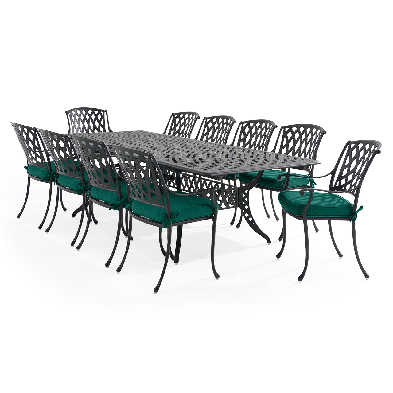 Tivoli Matte Black Cast Aluminum with Cushions 11 Piece Dining Set + 71-103 x 44 in. Extension Table (Canvas Forest Green)