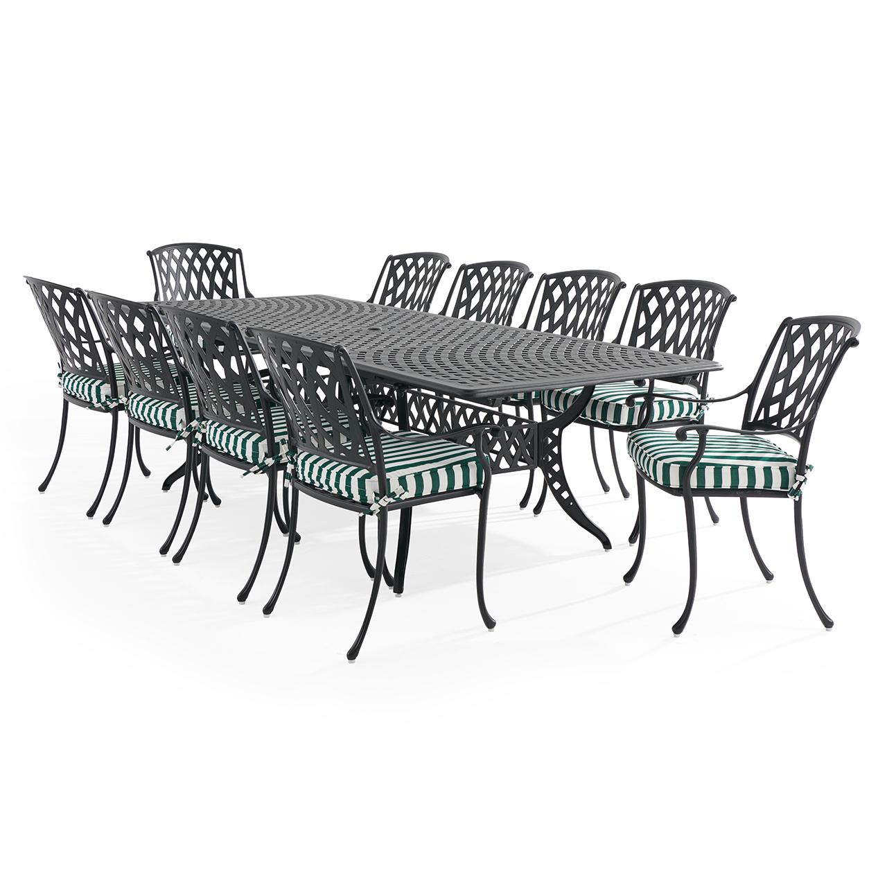 Tivoli Matte Black Cast Aluminum with Cushions 11 Piece Dining Set + 71-103 x 44 in. Extension Table (Mason Forest Green)