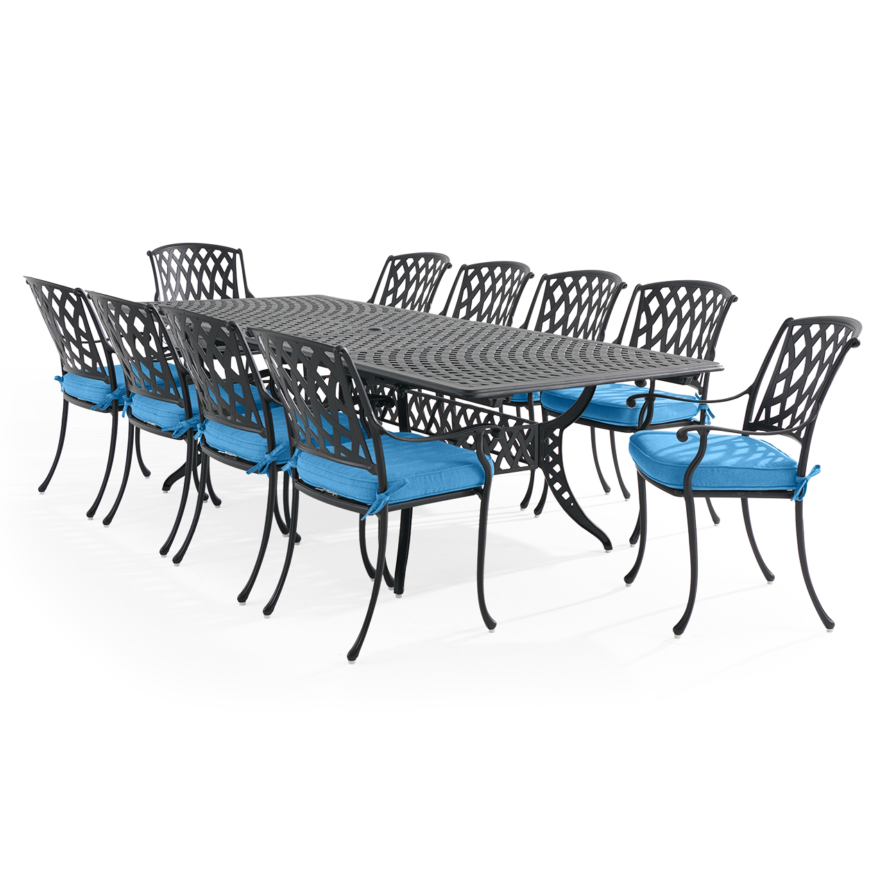 Tivoli Matte Black Cast Aluminum with Cushions 11 Piece Dining Set + 71-103 x 44 in. Extension Table (Canvas Regatta)