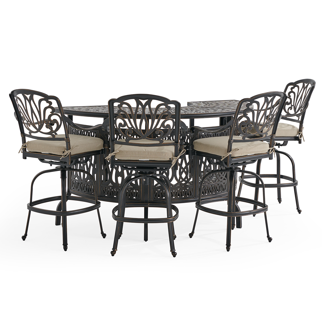 Roma Black Gold Cast Aluminum with Cushions 5 Piece Party Bar Set + 75 in. Table (Beige)