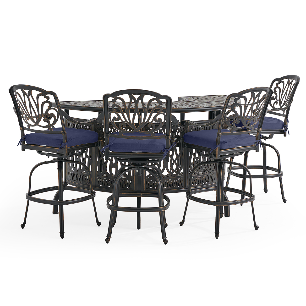 Roma Black Gold Cast Aluminum with Cushions 5 Piece Party Bar Set + 75 in. Table (Navy)