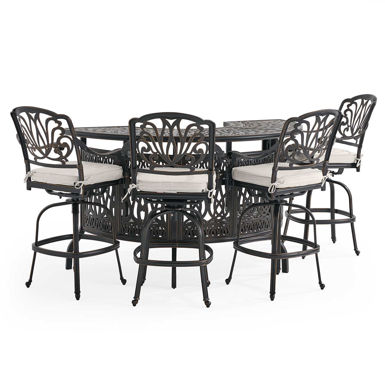 Roma Black Gold Cast Aluminum with Cushions 5 Piece Party Bar Set + 75 in. Table (Mist)