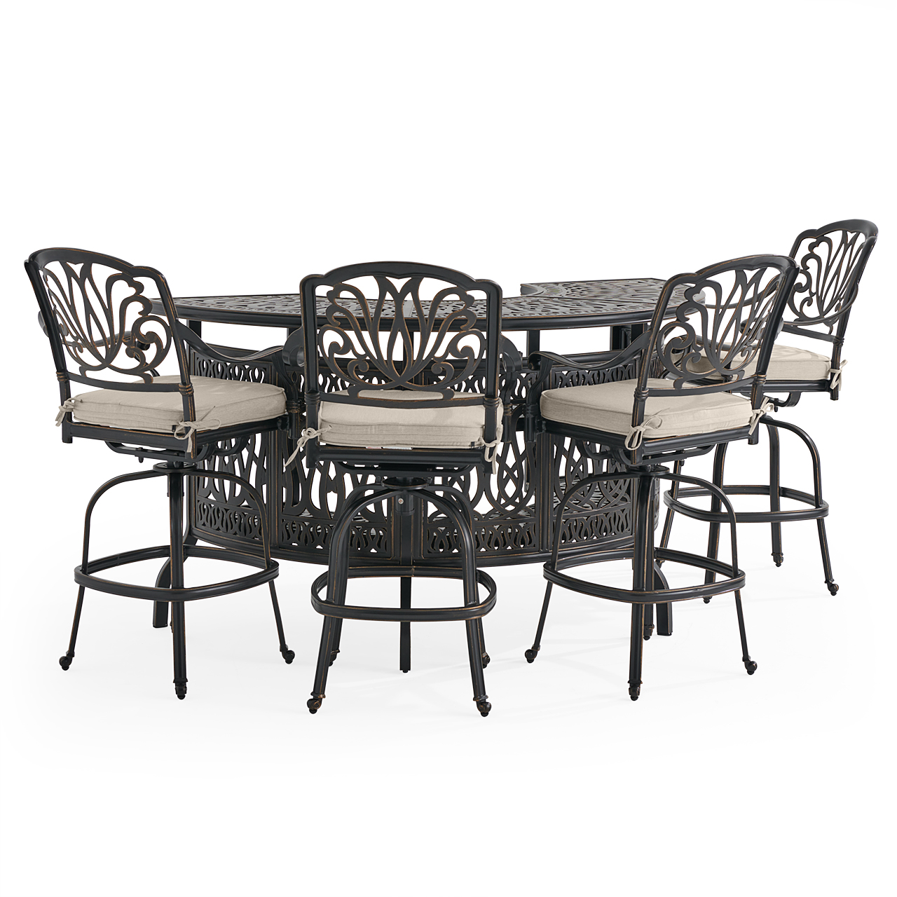 Roma Black Gold Cast Aluminum with Cushions 5 Piece Party Bar Set + 75 in. Table (Melange Ash)