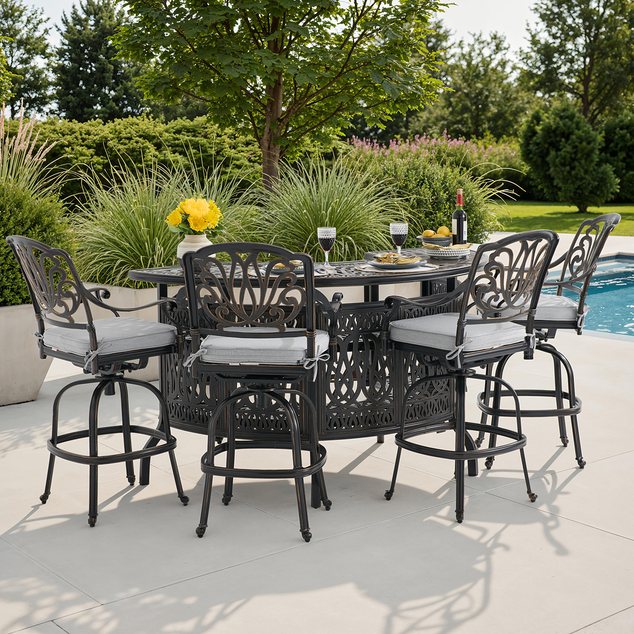Roma Black Gold Cast Aluminum with Cushions 5 Piece Party Bar Set + 75 in. Table (Canvas Granite)