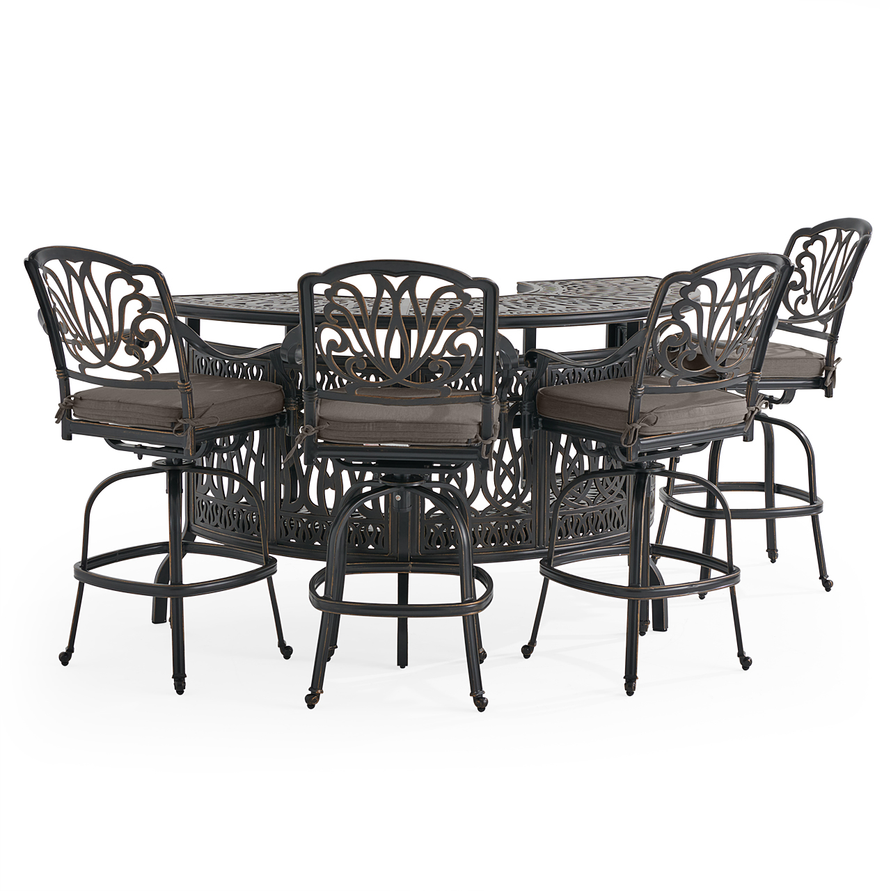 Roma Black Gold Cast Aluminum with Cushions 5 Piece Party Bar Set + 75 in. Table (Linen Graphite)