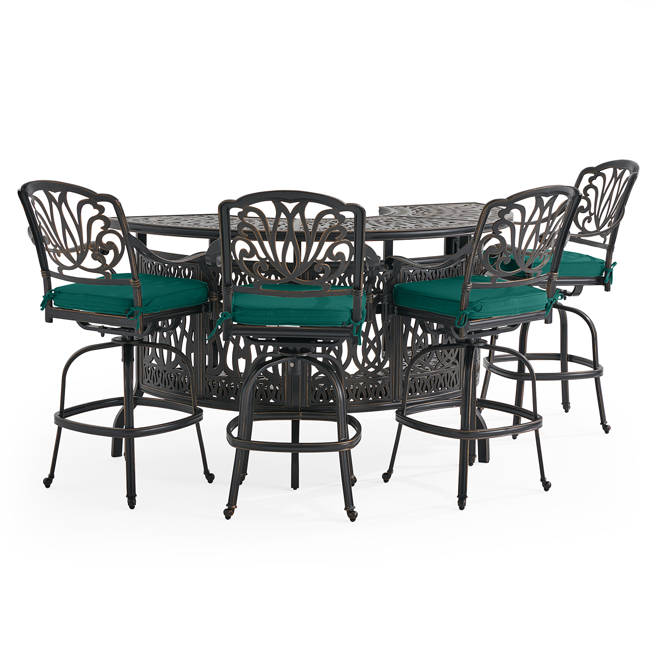 Roma Black Gold Cast Aluminum with Cushions 5 Piece Party Bar Set + 75 in. Table (Canvas Forest Green)