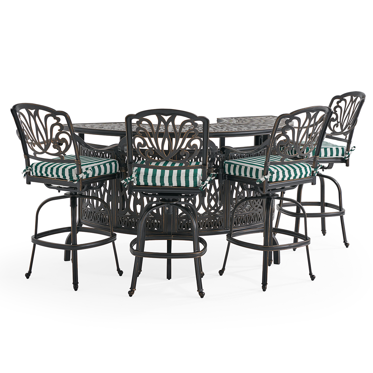 Roma Black Gold Cast Aluminum with Cushions 5 Piece Party Bar Set + 75 in. Table (Mason Forest Green)