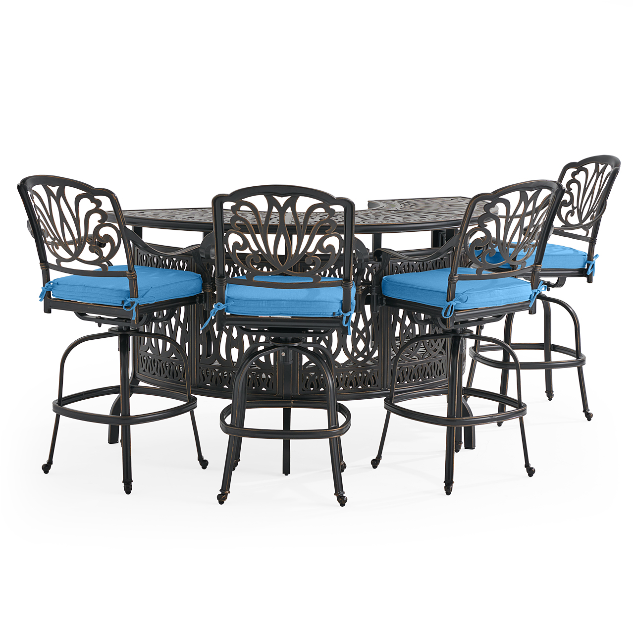 Roma Black Gold Cast Aluminum with Cushions 5 Piece Party Bar Set + 75 in. Table (Canvas Regatta)
