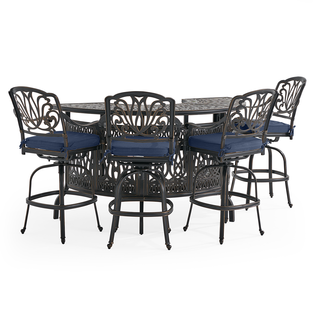 Roma Black Gold Cast Aluminum with Cushions 5 Piece Party Bar Set + 75 in. Table (Spectrum Indigo)