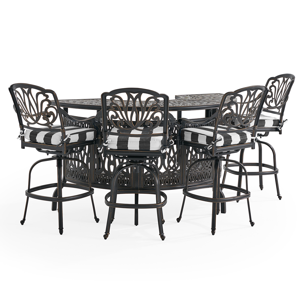 Roma Black Gold Cast Aluminum with Cushions 5 Piece Party Bar Set + 75 in. Table (Cabana Classic)