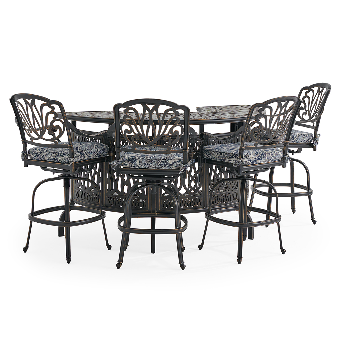 Roma Black Gold Cast Aluminum with Cushions 5 Piece Party Bar Set + 75 in. Table (Royce Indigo)