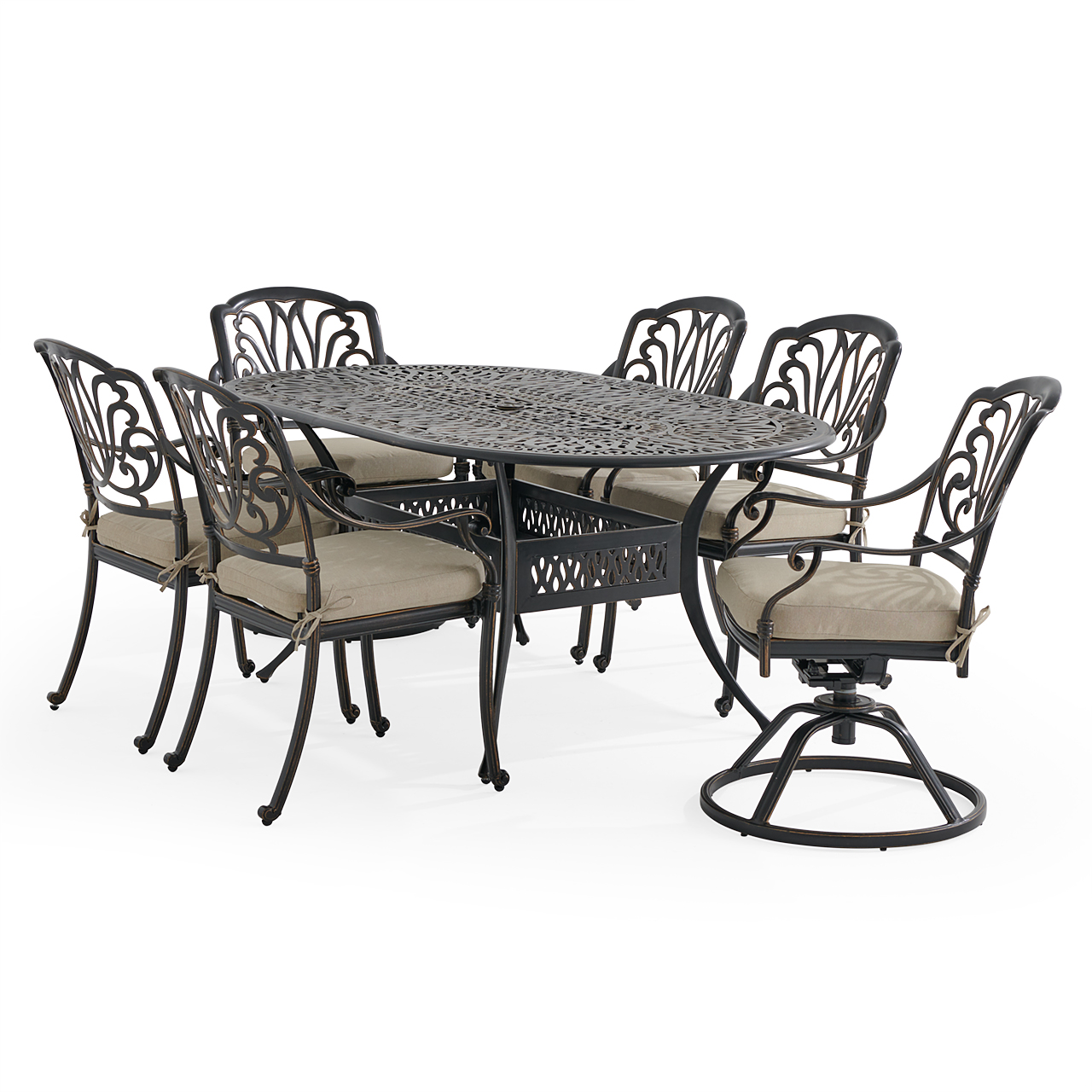 Roma Black Gold Cast Aluminum with Cushions 7 Piece Combo Dining Set + 72 x 42 in. Table (Beige)