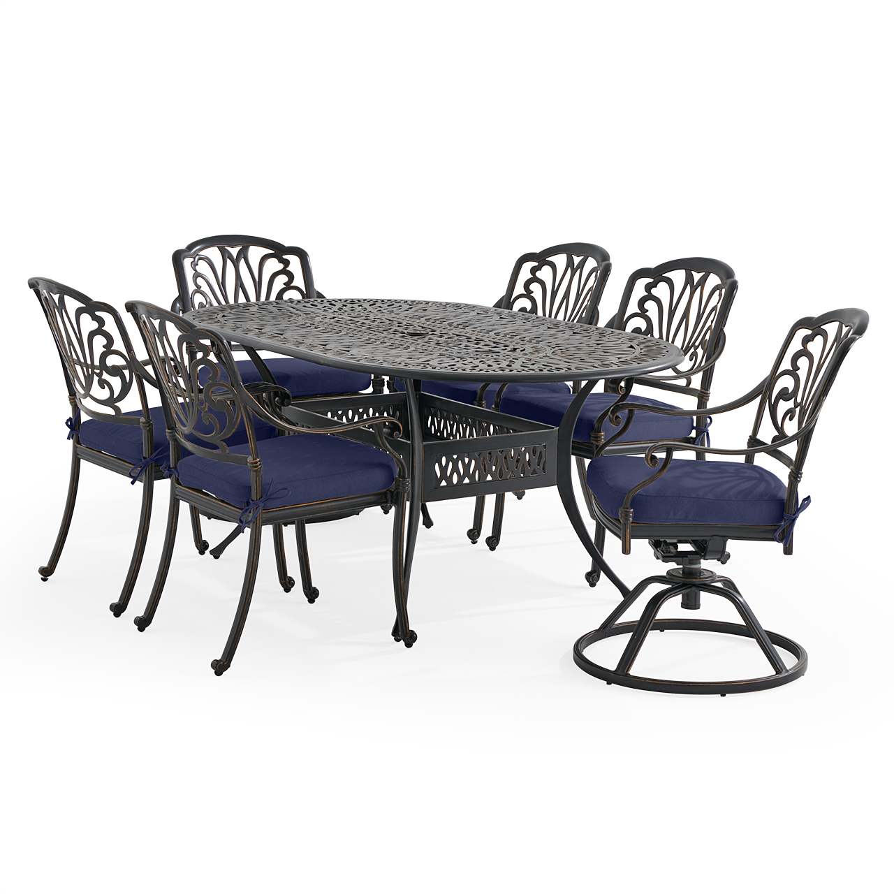 Roma Black Gold Cast Aluminum with Cushions 7 Piece Combo Dining Set + 72 x 42 in. Table (Navy)