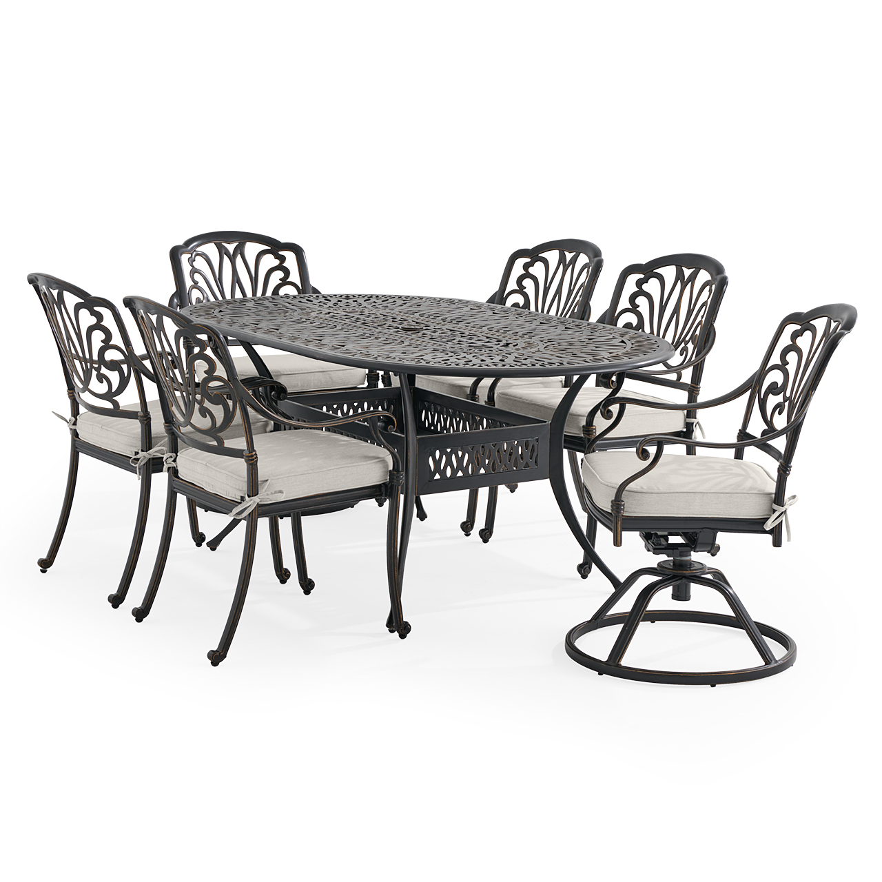 Roma Black Gold Cast Aluminum with Cushions 7 Piece Combo Dining Set + 72 x 42 in. Table (Mist)