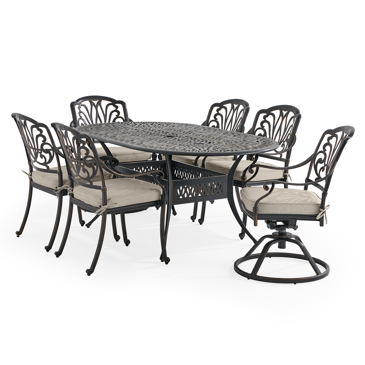 Roma Black Gold Cast Aluminum with Cushions 7 Piece Combo Dining Set + 72 x 42 in. Table (Melange Ash)