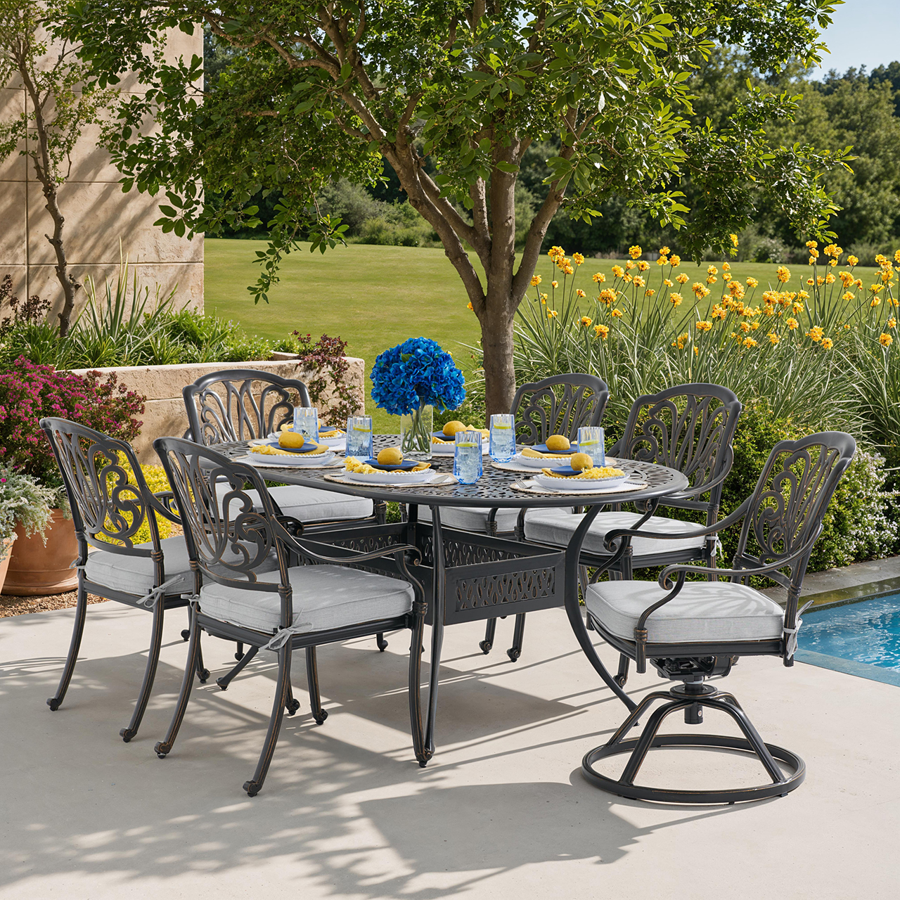 Roma Black Gold Cast Aluminum with Cushions 7 Piece Combo Dining Set + 72 x 42 in. Table (Canvas Granite)