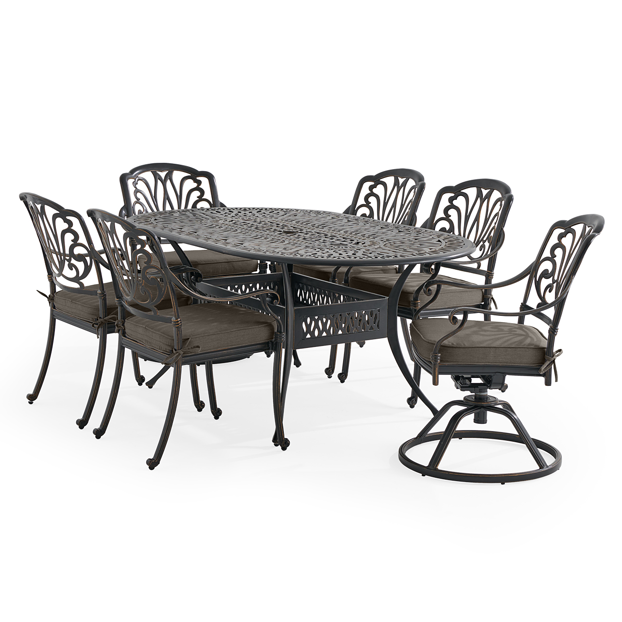 Roma Black Gold Cast Aluminum with Cushions 7 Piece Combo Dining Set + 72 x 42 in. Table (Linen Graphite)